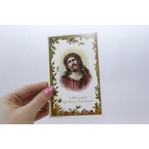 Blessed and Holy Christmas, Jesus Wearing Crown of Thorns, 1900s, Antique